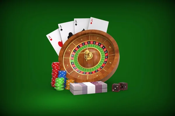 Roulette concept. Kaarten, dobbelstenen, geld, munten. 3D-rendering. — Stockfoto