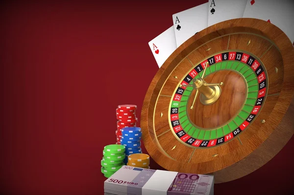 Concepto de ruleta. Tarjetas, dados, dinero, monedas. Renderizado 3D . —  Fotos de Stock