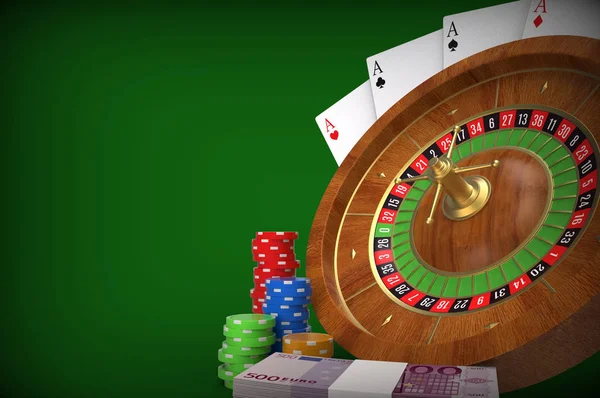 Roulette concept. Cards, dices, money, coins. 3D rendering. — Stock Photo, Image