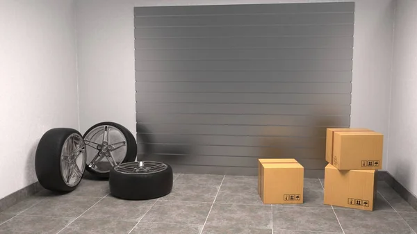 Reifen Und Boxen Der Garage Nahaufnahme Darstellung — Stockfoto