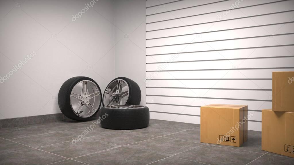 Tires and boxes in garage. Close up. 3D rendering 