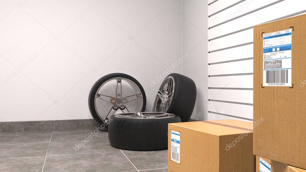 Tires and boxes in garage. Close up. 3D rendering 