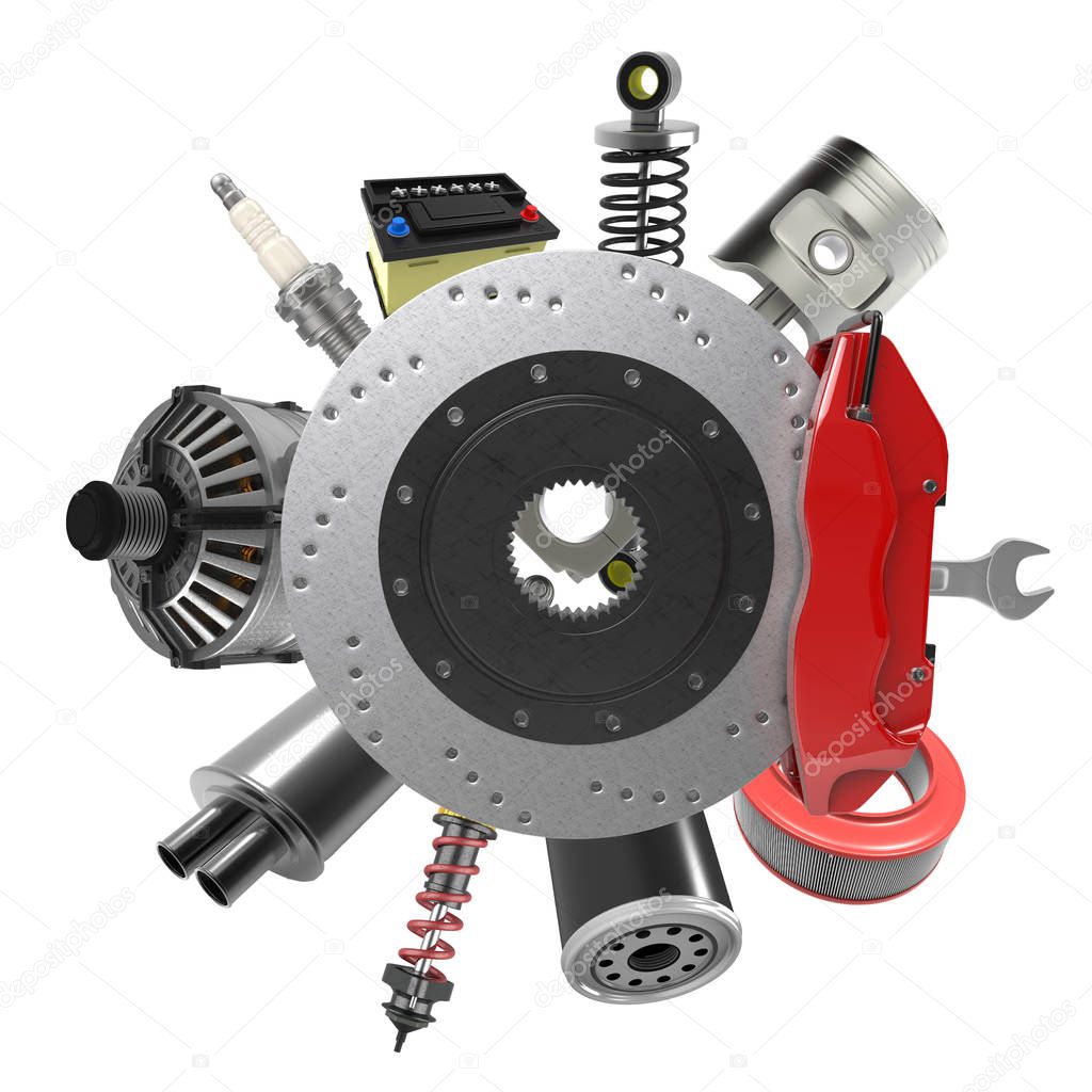 Car parts on white background. 3D rendering