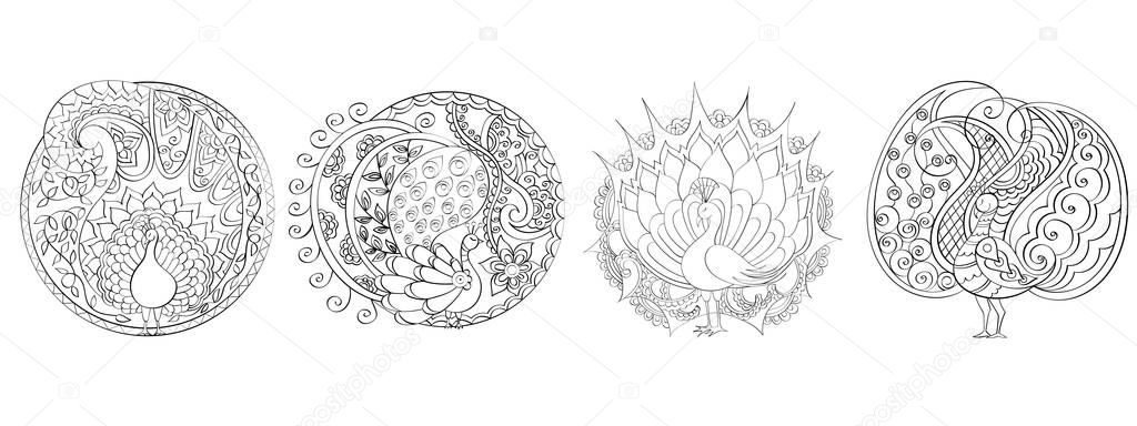 Set of four indian peacocks, vector. Each mandala is on the separate layer, eps10. 