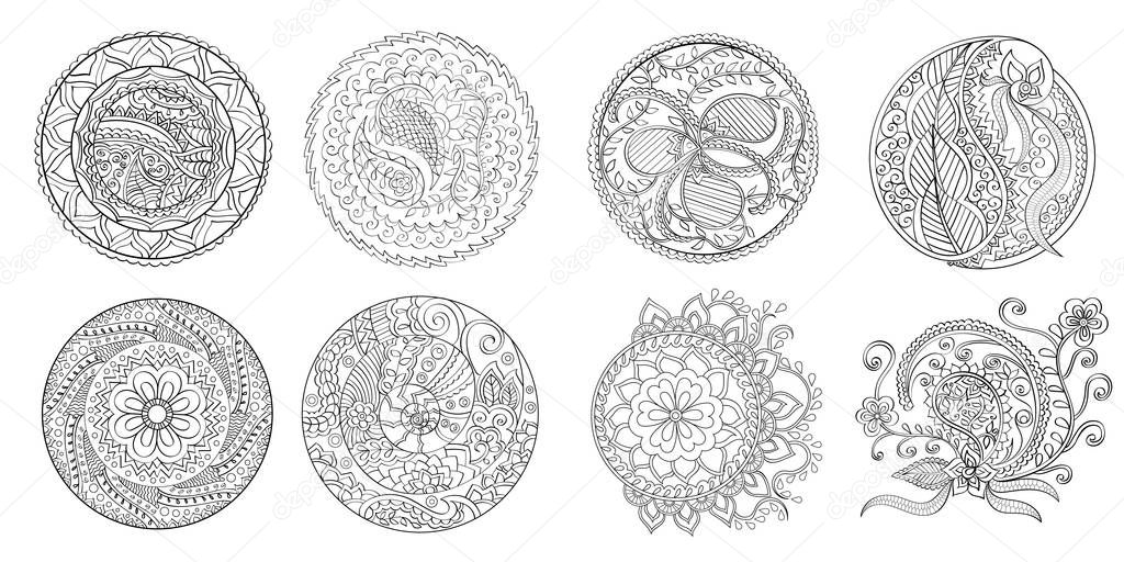 Set of indian mandalas, vector. Each mandala is in separate artboard. The contour is smooth.