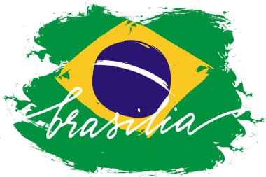 Brasilia. El yazısıyla yazılmış Brezilya bayrağı, vektör. Bayrağın gerçek renkleri vardır..  