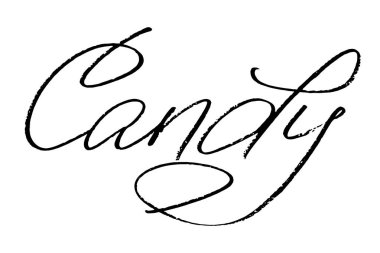 Candy. Handwritten black text isolated on white background, vector. Can be used as fun inscription on t-shirt