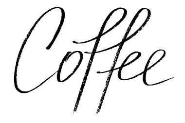 Coffee. Handwritten black text isolated on white background, vector. Each word is on the separate layer