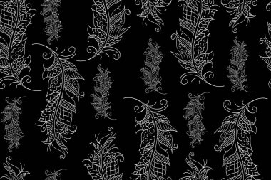 Seamless pattern with hand drawn feathers in mehndi style, vector. There is a swatch in the panel. Elements are not cut off and hidden under mask