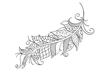 Hand drawn feather in indian style. Feather in mehndi style, vector. Colorin