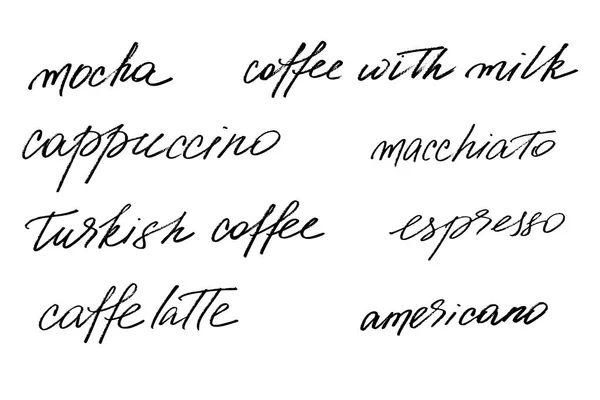 Coffee Set Different Types Coffee Handwritten Black Text Isolated White — ストックベクタ