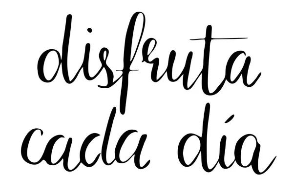 Enjoy every day in Spanish. Handwritten black text isolated on white background, vector. Each word is on the separate layer