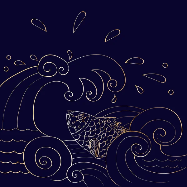 Poisson Doré Dans Les Vagues Mer Poisson Dans Style Mehndi — Image vectorielle