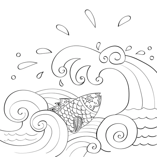 Fische Den Meereswellen Fisch Mehndi Stil Indisches Muster Handgezeichnet Vektor — Stockvektor