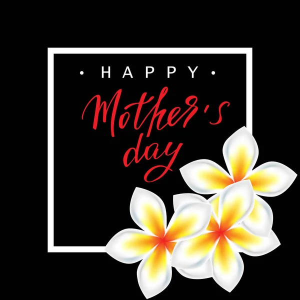 Happy Mother\'s Day. Holiday greeting card, white and red handwritten text with tropical flowers on black background, vector