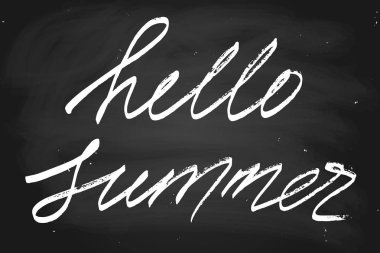 Merhaba yaz. El yazısıyla yazılmış metin, yazı tahtası, tebeşir vektör. Her sözcük ayrı katmanda olduğunu