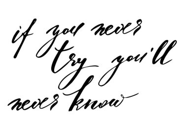 If you never try you'll never know. Handwritten black text isolated on white background, vector. Each word is on the separate layer