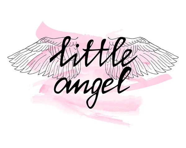 Vector hand-drawn illustration of wings and text little angel on pink watercolor spot.