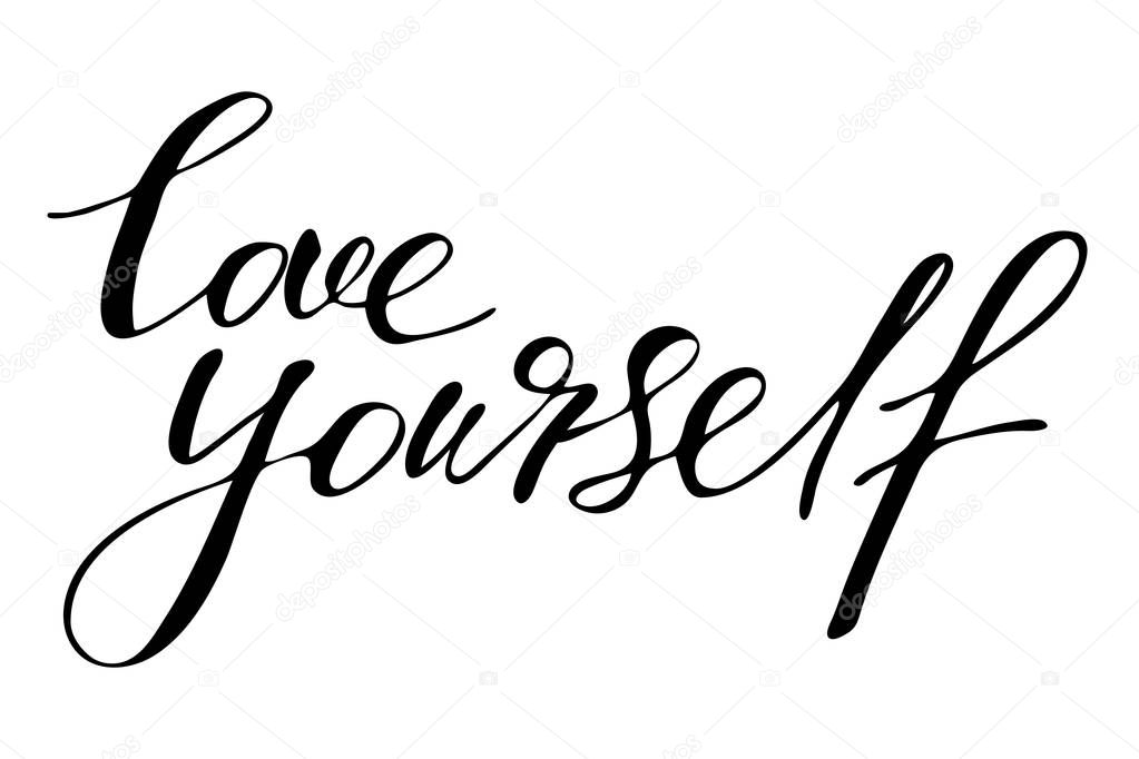 Love yourself.  Handwritten black text isolated on white backgro