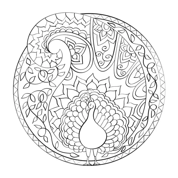 Handgezeichnetes Vektormandala, Buchseite Mandala, indischer Pfau, ou — Stockvektor