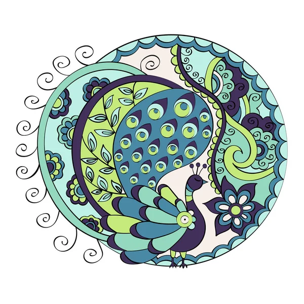 Mandala vectoriel dessiné à la main. Paon dans le style mehndi — Image vectorielle