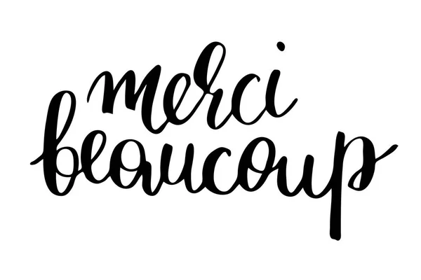 Merci Beaucoup Muchas Gracias Francés Texto Negro Manuscrito Aislado Sobre — Vector de stock