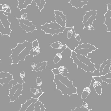 Oak pattern with hand drawn leaves and acorns, seamless vector
