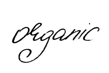 Organic. Handwritten black text isolated on white background, vector. Advertising sign for shops, markets, cafes and restaurants. Inscription for pack of organic products