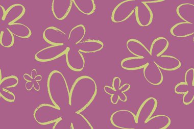 Vector seamless pattern with hand drawn abstract green flowers on purple background. Elements are not cut off and hidden under mask. There is a swatch in the panel. 