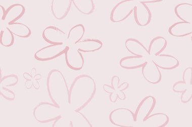 Seamless pattern with hand drawn abstract flowers in pink colors. Black flowers on white background, vector. There is a swatch on the panel