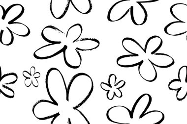Seamless pattern with hand draw abstract flowers. Black flowers on white background, vector. There is a swatch on the panel