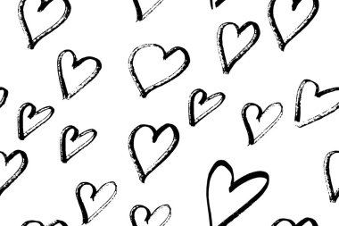 Vector seamless pattern with hand drawn abstract black hearts on white background. Elements are not cut off and hidden under mask. There is a swatch in the panel. 