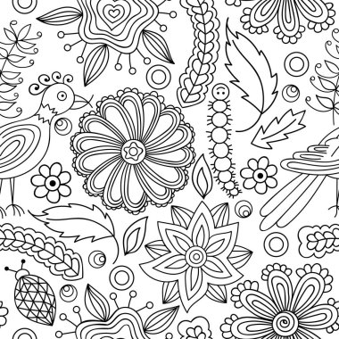 Seamless pattern with flowers and birds. Endless floral pattern, hand-drawn. Perfect for wallpapers, textile print. Coloring book page. Outline vector elements on white background