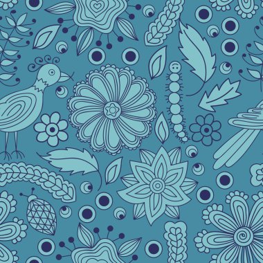 Seamless pattern with flowers and birds. Endless floral pattern, hand-drawn. Perfect for wallpapers, textile print.