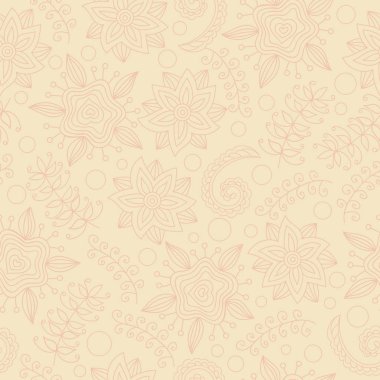 Contour illustration of abstract flowers, vector seamless pattern. Seamless pattern with flowers and indian elements. Endless floral pattern, hand-drawn. Perfect for wallpapers, textile print