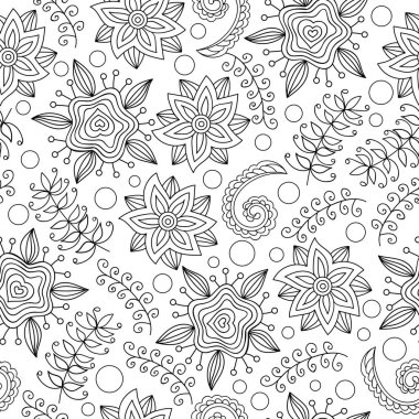 Seamless pattern with flowers and birds. Endless floral pattern, hand-drawn elements on white background, vector. All elements are not cropped and hidden under mask. Coloring book page.