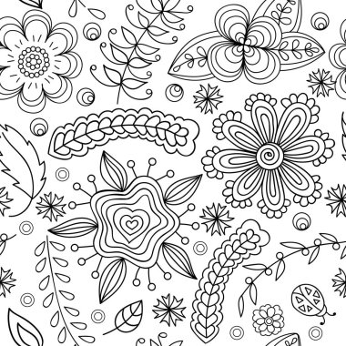 Seamless pattern with flowers and branches. Endless floral pattern, hand-drawn elements on white background, vector. All elements are not cropped and hidden under mask. Coloring book page.