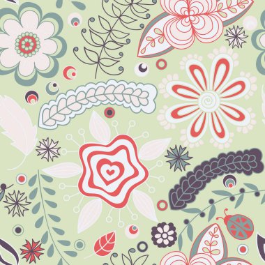 Seamless pattern with flowers and branches. Endless floral pattern, hand-drawn elements on green background, vector. All elements are not cropped and hidden under mask 