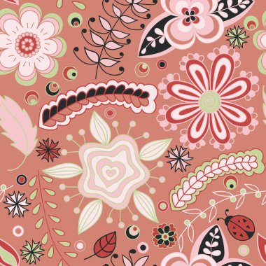 Seamless pattern with flowers and branches. Endless floral pattern, hand-drawn elements on brown background, vector. All elements are not cropped and hidden under mask 
