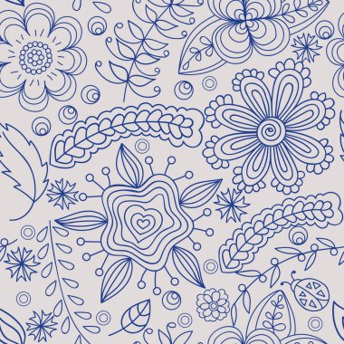 Floral and indian elements, vector. Floral seamless pattern. Elements are hidden under mask and not cropped. Contour is smooth. Swatch is in the panel 
