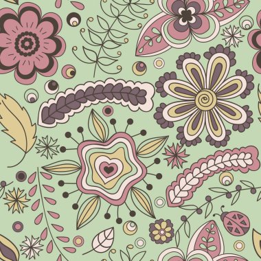 Seamless pattern with flowers and branches. Endless floral pattern, hand-drawn elements on green background, vector. All elements are not cropped and hidden under mask 