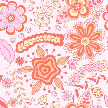 Vector seamless pattern with abstract floral elements on light pink background. Pink and orange seamless pattern. Elements hidden under mask. Contour is continuous. There is a swatch in the panel 
