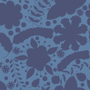 Vector seamless pattern with silhouettes of abstract floral elements in blue colors. Elements are hidden under mask, not cut off. Perfect for wallpaper, textile print.