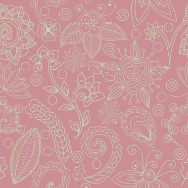 Vector seamless floral pattern. Green pattern on pink background. Seamless pattern with flowers and indian elements. Endless floral pattern, hand-drawn. Perfect for wallpapers, textile print.