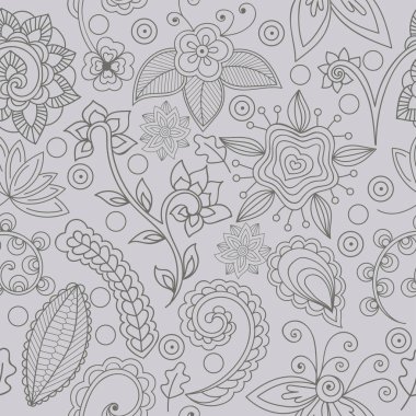 Elements in floral and indian style. Seamless pattern with flowers and indian elements. Hand-drawn elements on grey background, vector. Elements are not cropped and hidden under mask