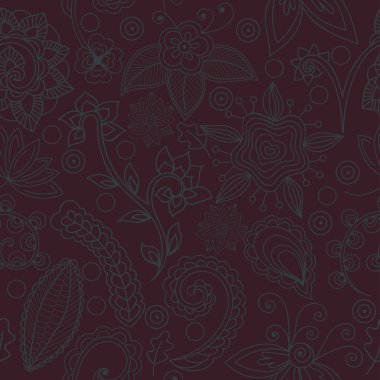 Green pattern on burgundy background. Hand-drawn floral and indian elements, seamless pattern, vector