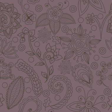 Grey pattern on dark violet background, seamless floral pattern, vector. Seamless pattern with flowers and indian elements. Endless floral pattern, hand-drawn. Perfect for wallpapers, textile print