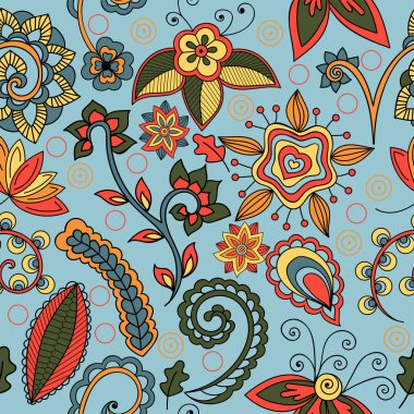 Seamless pattern with hand-drawn floral and indian elements in doodle style on blue background, vector. All elements are not cropped and hidden under mask