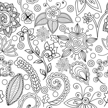 Seamless pattern with flowers and branches. Endless floral pattern, hand-drawn elements on white background, vector. All elements are not cropped and hidden under mask. Coloring book page