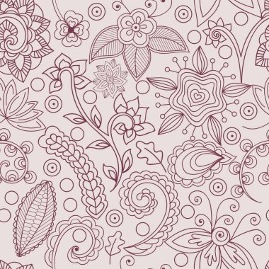 Hand-drawn floral and indian elements, vector. Seamless floral pattern. All elements are not cut off and hidden under mask